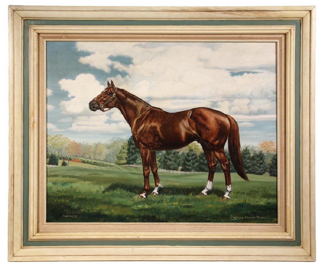 CHARLES MANLEY TYLER (MA, 1925-2003): Equine Portrait of Thoroughbred 'Amerigo', oil on canvas, signed lower right & dated '63. He had 46 starts,14 wins,12 places, 6 shows, earned nearly $500,000, In cream and green painted frame with lin