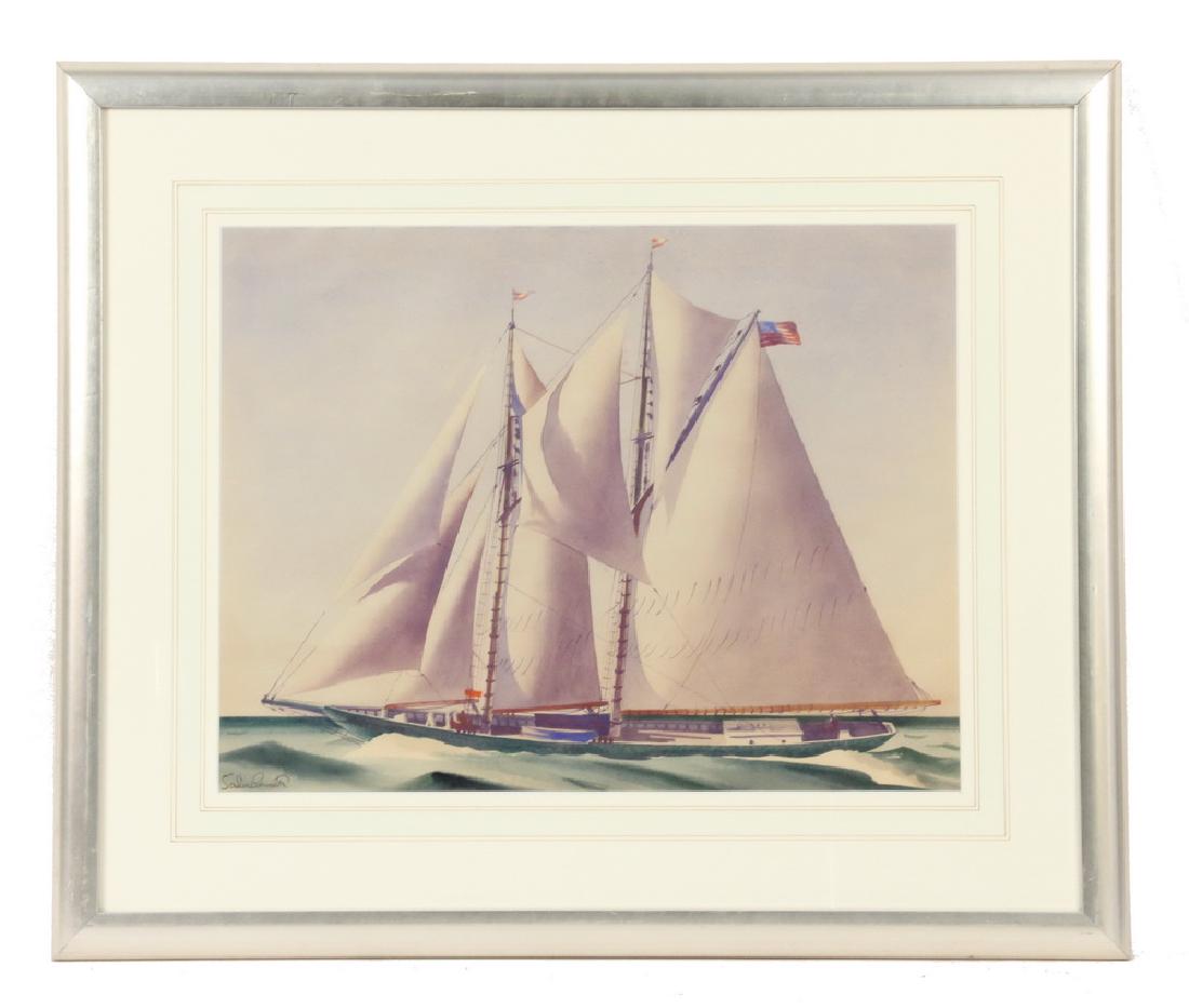 SANDOR BERNATH (NY/ME/HUNGARY/HONDURAS, 1892-1984): Portrait of a Two-Mast Coastal Schooner, watercolor on paper, signed lower left, in silver half round frame, matted and glazed, OS: 24 1/2" x 29 1/2", SS: 15 1/2" x 20 1/4". Fine condition.