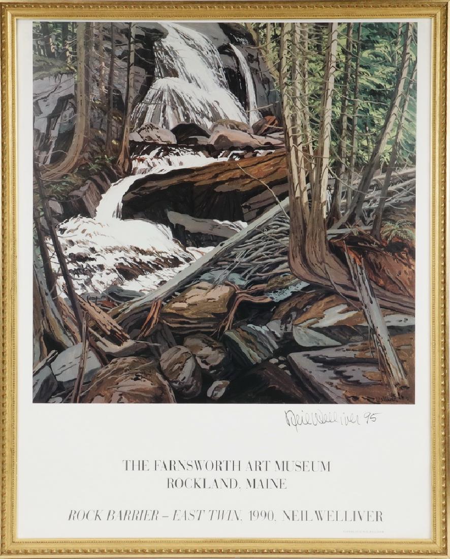 NEIL WELLIVER (ME, 1929-2005): Farnsworth Art Museum of Rockland, Maine Exhibition Poster featuring "Rock Barrier - East Twin, 1990", signed by the artist in 1995. In gold molded frame, under non-glare glass, OS: 32" x 26", SS: 30"