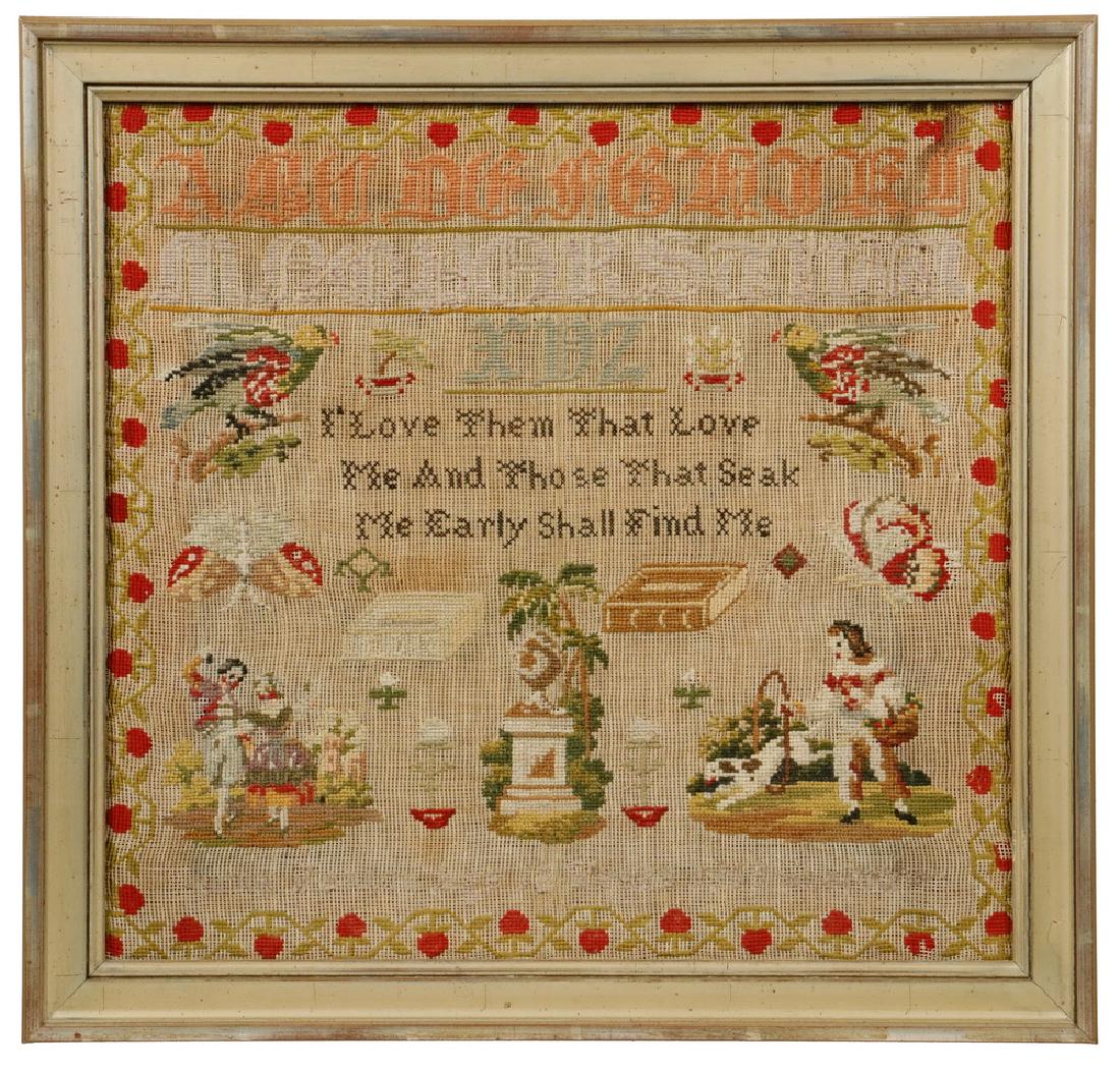 19TH C. NEEDLEPOINT SAMPLER: Alphabet and Sentiment Sampler, British style, possibly Canadian, wool on buckram, signed "Emma Fenton, Age 13 years, 1869, Stainer" (the town in Ontario?), with stanza "I Love Them That Love Me And T