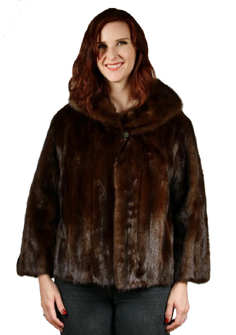 MINK SHORT JACKET: Chocolate Brown Ranch Mink Short Jacket by Uhlemann Furs, Chicago, shawl collar, black satin lining with brown roses, 'JBT' interior embroidered monogram, 24" long, 22" shoulder to shoulder. Good cond