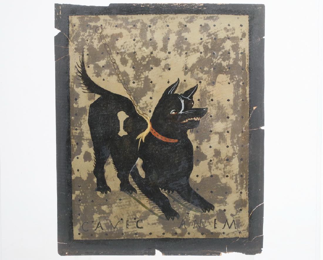 19TH C. PAINTING FROM ROMAN MOSAIC FLOOR: Portrait of a Chained Attack Dog captioned "CAVE CANEM" (Beware the Dog), from an ancient tesserae floor at Pompeii, oil on cardstock, unsigned, loose, 11" x 9 1/4". Cracks and chips into the black bo