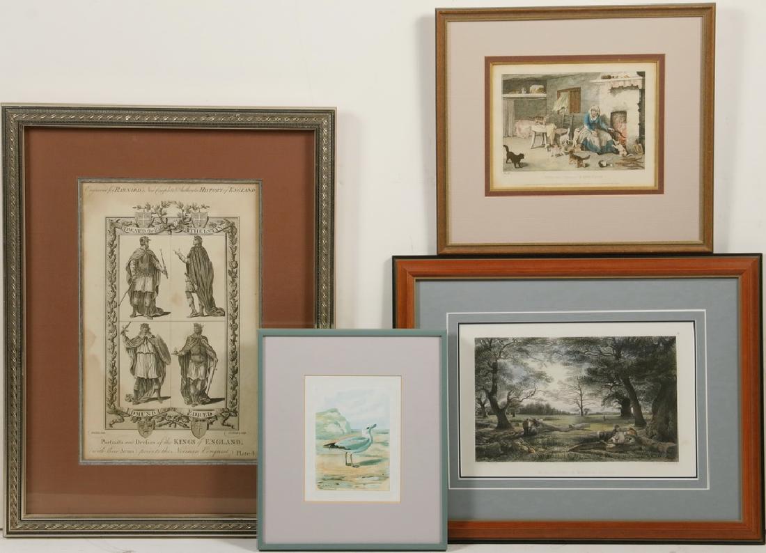(4) FRAMED ENGLISH ANTIQUARIAN PRINTS: Group of (4) English Antiquarian Prints, in custom frames with mats, including: "Wood Cutting in Windsor Forest", after a painting by John Linnell the elder, engraved by Thomas A. Prior, with hand col