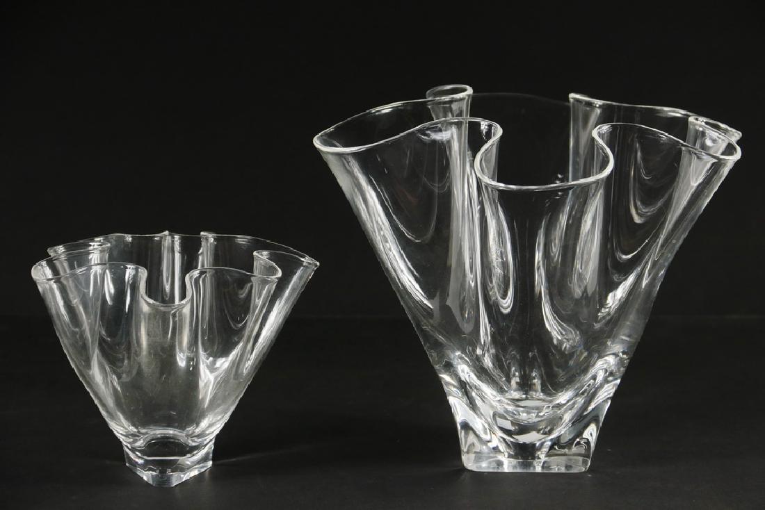 (2) STEUBEN "HANDKERCHIEF" VASES: (2) Steuben Art Glass Handkerchief Design Vases, c. 1980s, both with inscribed Steuben signatures on base, 5 1/2" high, 7" diam. and 9" high, 10 1/4" diam. Base scratches, otherwise good condition.