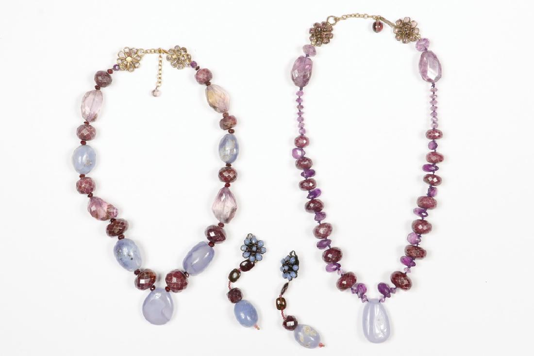 (3 PCS) LOULOU DE LA FALAISE JEWELRY: (3) Pieces of Jewelry by Loulou de la Falaise (designer to Yves St. Laurent), in shades of purple and blue, all pieces marked, consisting of (2) necklaces of polished and faceted glass and stones, 20