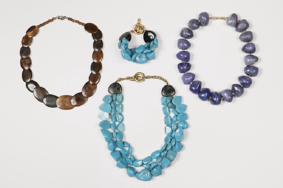 (4 PCS) KENNETH LANE JEWELRY: Group of (4) Pieces of Kenneth Lane Designer Jewelry, all with Kenneth Lane drop tags, including: (2) Piece suite of resin turquoise bead triple strand necklace, 20" long, and matching double strand b