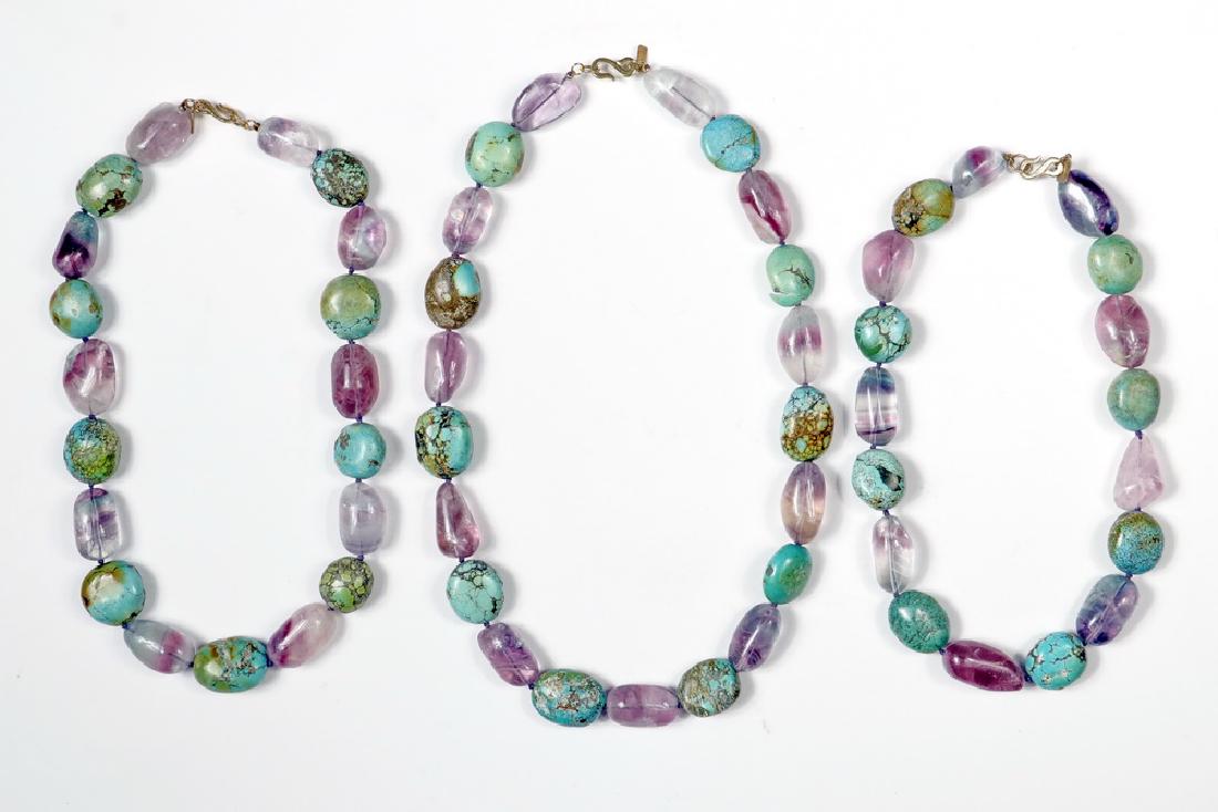 (3) KENNETH LANE BEAD NECKLACES: Group of (3) Designer Turquoise, Amethyst and Polished Glass Bead Necklaces by Kenneth Lane, each with Kenneth Lane drop tag, 19", 21" and 24" long. Good condition.