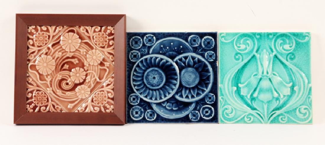 (3) ART NOUVEAU RELIEF TILES: Group of (3) Late 19th - Early 20th c. Relief Molded Floral Design Ceramic Tiles, including: Framed tile group (one 6" x 6" and four small corner tiles) by Trent Tile Company, Trenton, NJ, brown glaze