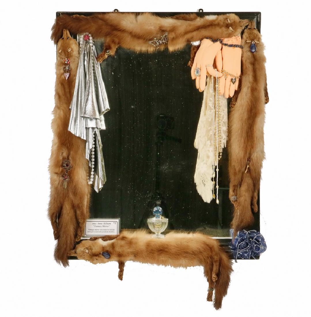 ANNE KILHAM (ME, 1937- ): Thematic Dressing Mirror with fox furs, gloves, etc. 23" x 27". Fine condition.