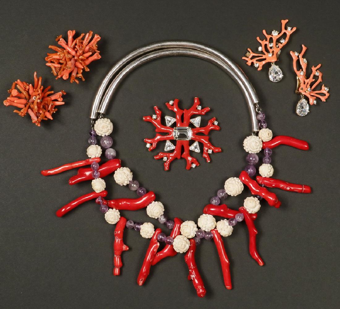 (4 PCS) CORAL DESIGN JEWELRY: Collection of (4) Pieces of Coral Motif Designer Jewelry, including: Kenneth Lane red enameled coral form brooch, gold tone base, set with cut rhinestones, marked on base, 3" x 3"; Pair of pink enamel
