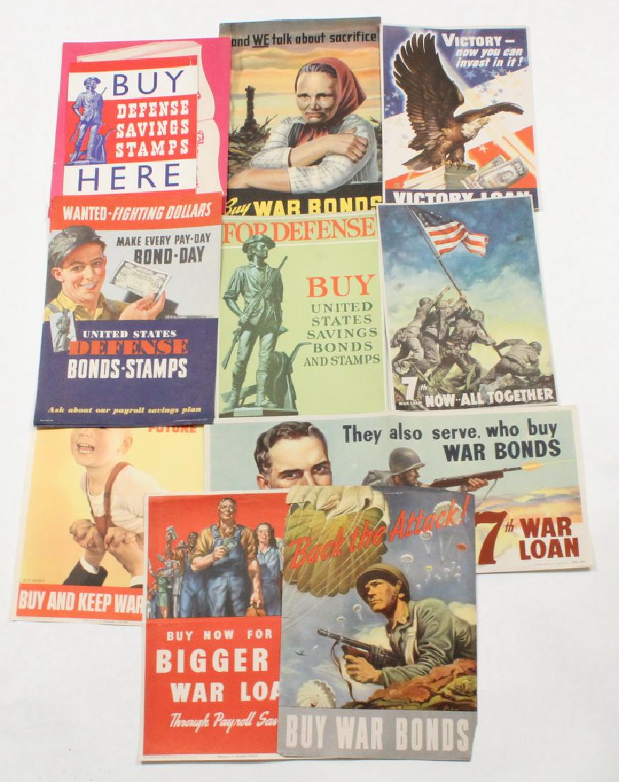 (16) MISC. SMALL SCALE WWII WAR BOND POSTERS: Issued for use in Schools, Churches and Civic Buildings, includes "..and WE talk about sacrifice", "Protect this future", "Back to the Attack!", others, some duplicates, 8" x 10" to 10" x 14". Bends.