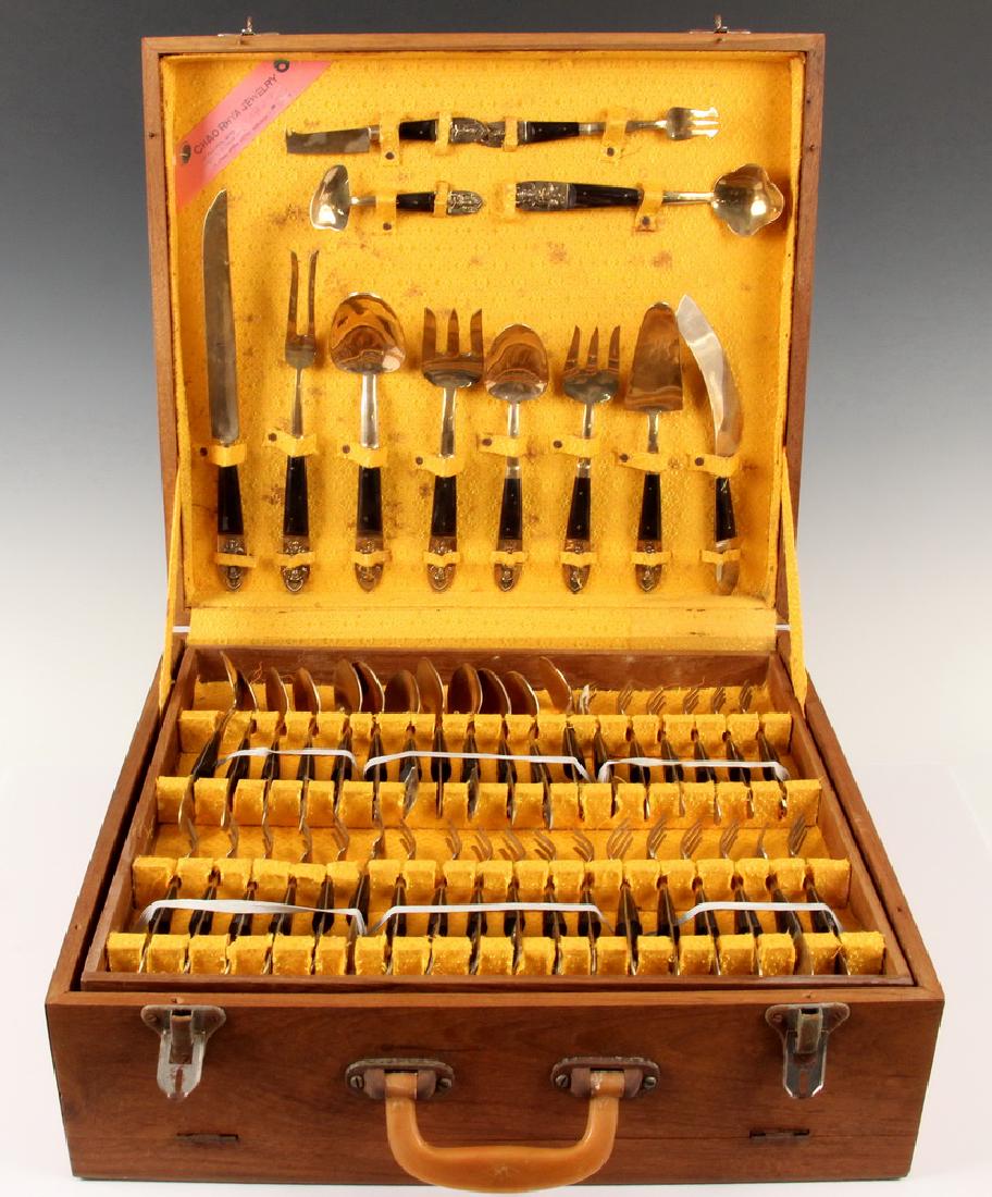 CASED (144 PC) SIAM BRASS FLATWARE SET: Cased (144) Piece Set of Thai-Made Brass Flatware, service for twelve, mid-20th c., each piece with rosewood handle, including: (12) dinner knives, (12) steak knives, (12) spreader knives, (12) dinner