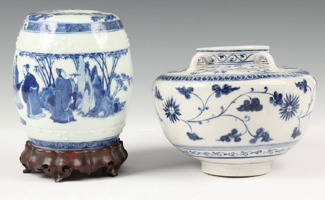 (2 PCS) CHINESE BLUE AND WHITE PORCELAIN: (2) Pieces of Chinese Export Blue and White Porcelain, 20th c., including: Miniature garden stool, with figural decoration, raised bosses, on carved wooden stand, stool: 7 1/2" high, 6" diam.; and Mul