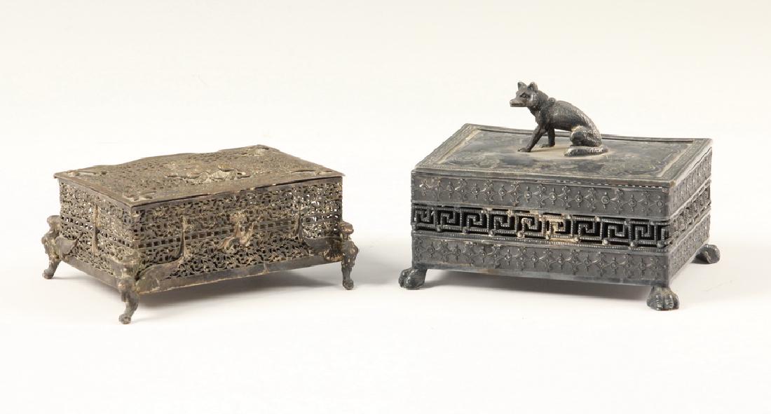 (2) METAL TRINKET BOXES: (2) 19th c. Rectangular Hinge Lidded Open Work Jewelry Boxes, including: Brass filigree box, probably French, with crowned salamander (Francis I emblem and mascot which was carved in to his chateaus a