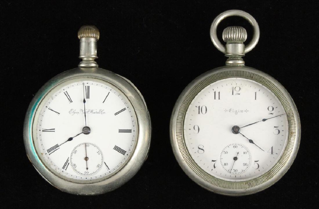 (2) ELGIN POCKET WATCHES: Elgin Open Face 18-Size Pocket Watches, with nickel alloy cases, including: Model 5, sn 3789683, ca. 1890, 11-jewels, in silveroid case #1373506, 2 1/4" diam., not running, missing bezel and stem loop