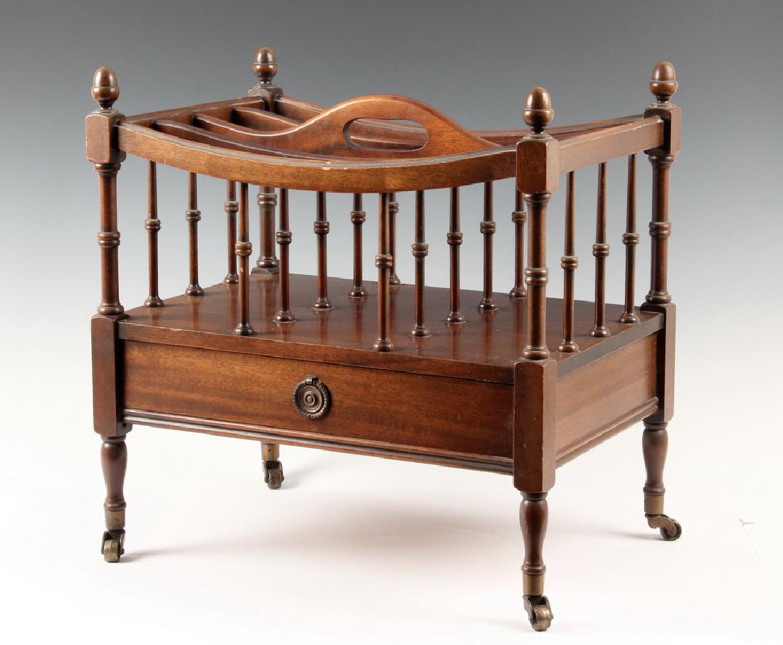 REPLICA SHERATON CANTERBURY: 1930s Vintage Solid Mahogany Magazine Canterbury, having inverted acorn finials, turned stiles and partitions for the four compartments, lift handle, a single shallow drawer with brass ring pull, ring