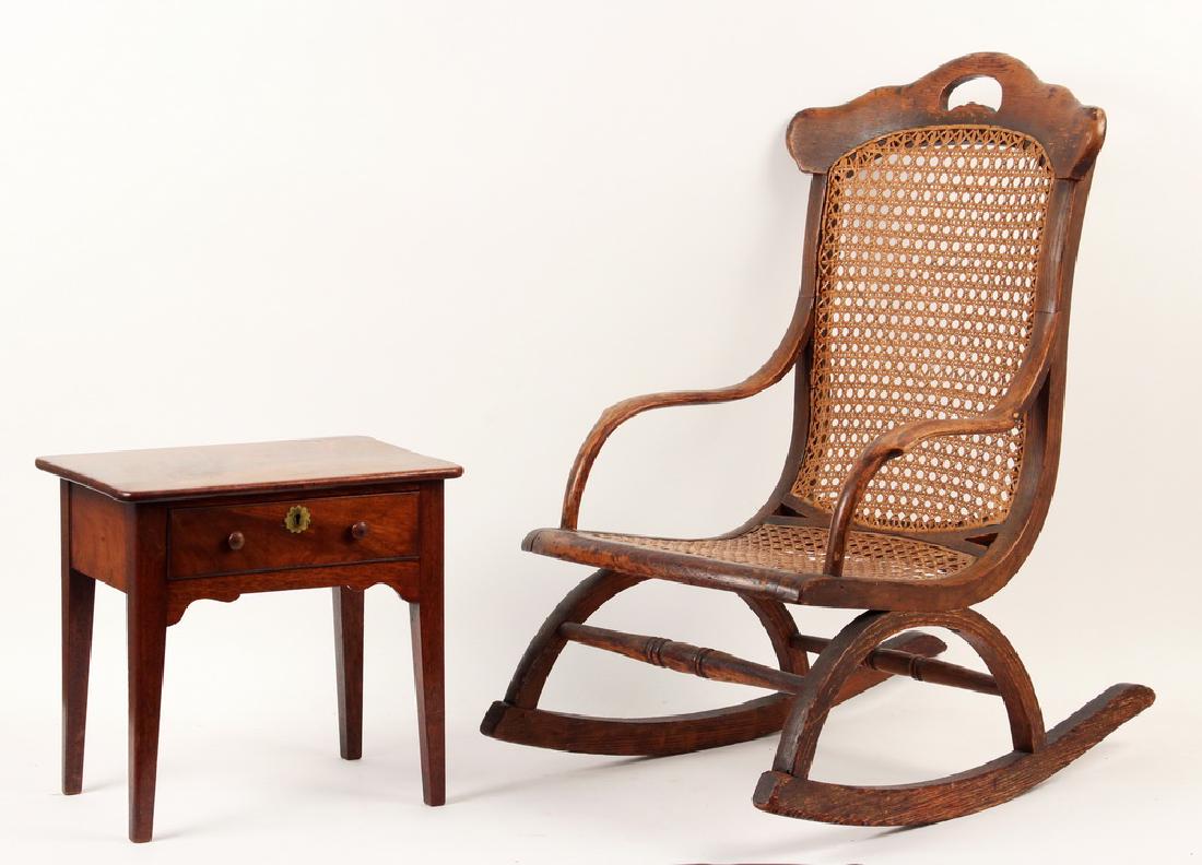 CHILD'S ROCKING CHAIR & MINIATURE DOLL'S DESK: Late 19th c. American Bentwood Rocker with caned back and seat, all elements of the frame are steam-bent except for the turned stretchers, 9" seat, 13" arms, 24 1/2" back, 14 1/2" x 21"; PLUS a Mid-19