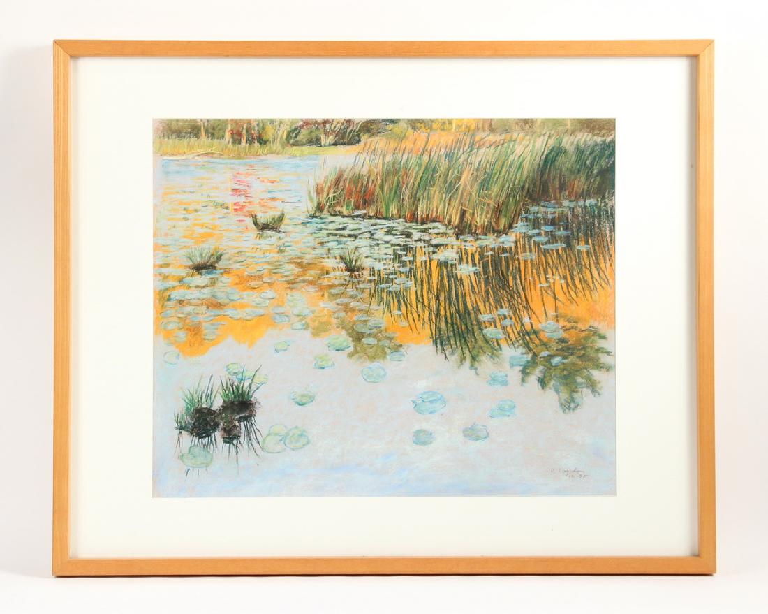 ROBERT LOGSDON (MA/KY, 1948 - ): "Fountain Pond, Mirroring Autumn" or "The Pond XXI", pastel on board, signed lower right and dated 10-95, titled verso, in oak box frame, matted and glazed, OS: 25" x 31", SS: 18" x 22". Fine conditio