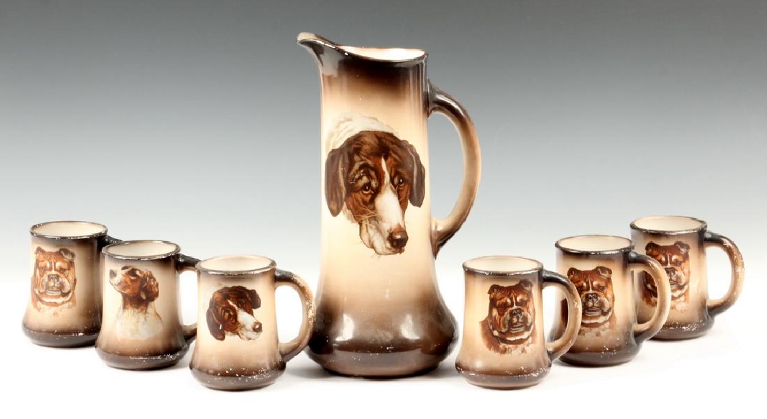 (7 PC) TAYLOR SMITH & TAYLOR DOG PITCHER & MUGS SET: (7) Piece Vintage Dog Portrait Mug & Tankards Set, by Taylor Smith & Taylor Pottery Co., Chester, W VA, c. 1910, with transfer printed decoration, green VST mark on bases, pitcher: 13 3/4" high, tanka
