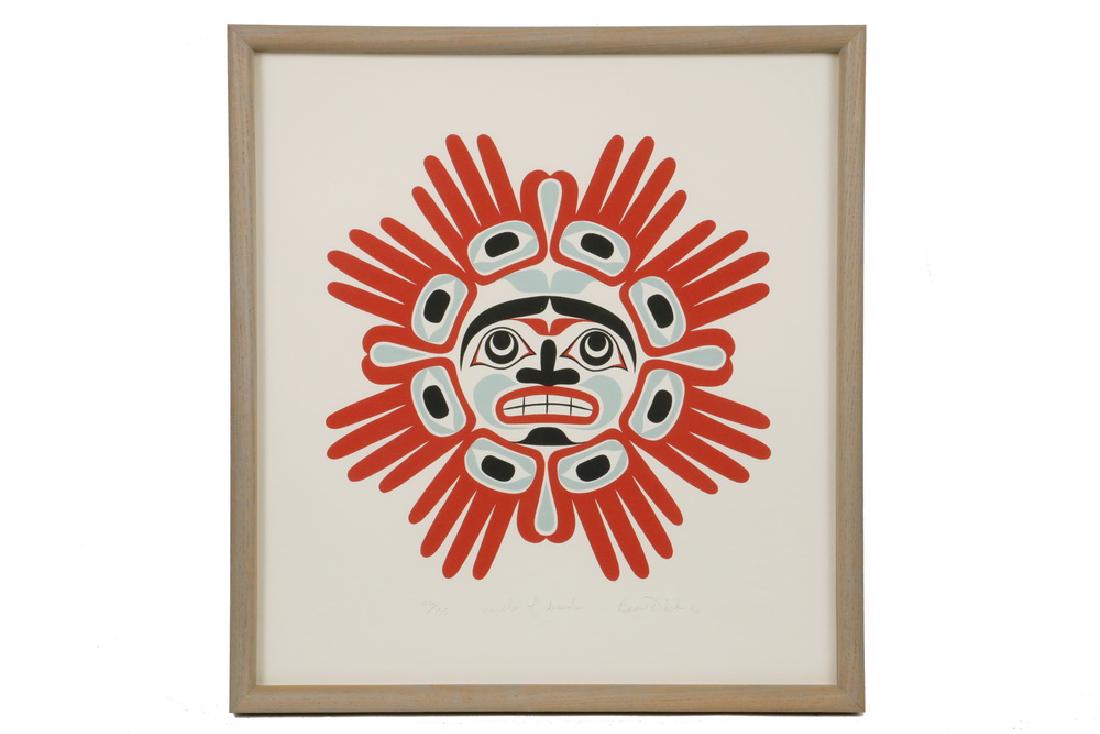 BEAU DICK (BRITISH COLUMBIA, 1955-2017): "Circle of Hands", serigraph on paper, signed, titled, dated '86 and numbered 24/135, with Open Pacific Graphics embossed stamp, in grey stained oak box frame, glazed, OS: 17" x 15 3/4", SS: 15 1/2" x