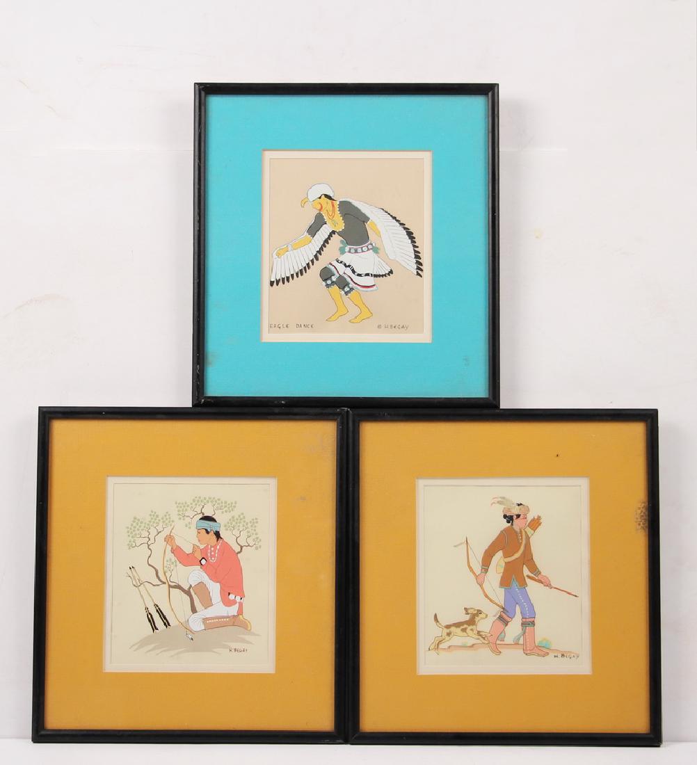 HARRISON (HASKE YAHNE YAH) BEGAY (AZ/NM, 1914-2012): Three Serigraph Portraits of Navajo Indians, one titled "Eagle Dance", all signed in print, in black stick frame, matted and glazed, OS: 11 1/4" x 10 1/2", SS: 6" x 5 1/4". Good condition.