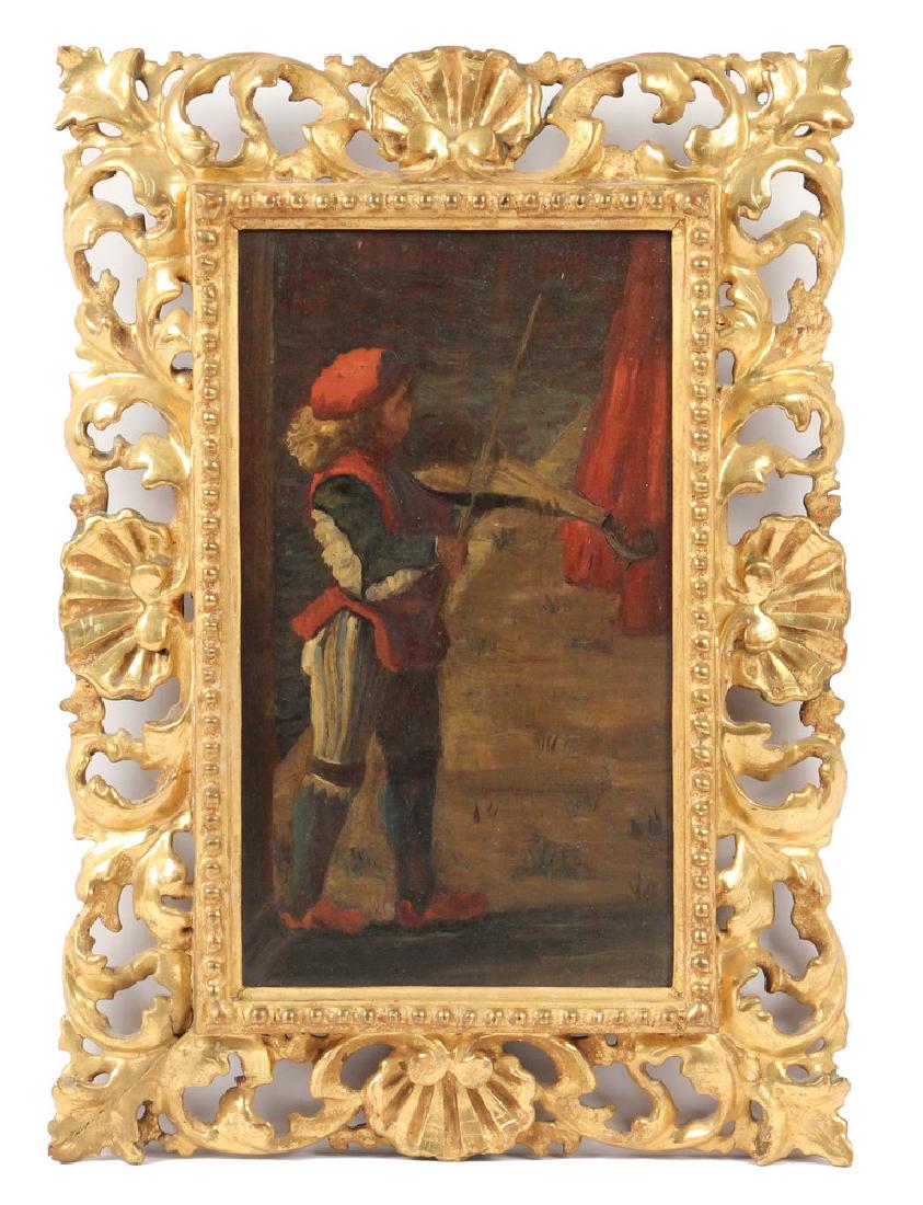 19TH C. ITALIAN GRAND TOUR PAINTING: Young Court Musician, in the Renaissance style, oil on thin mahogany panel, unsigned, circa 1880, in a water gilt Florentine frame, OS: 13 1/2" x 9 1/2", SS: 9" x 5".