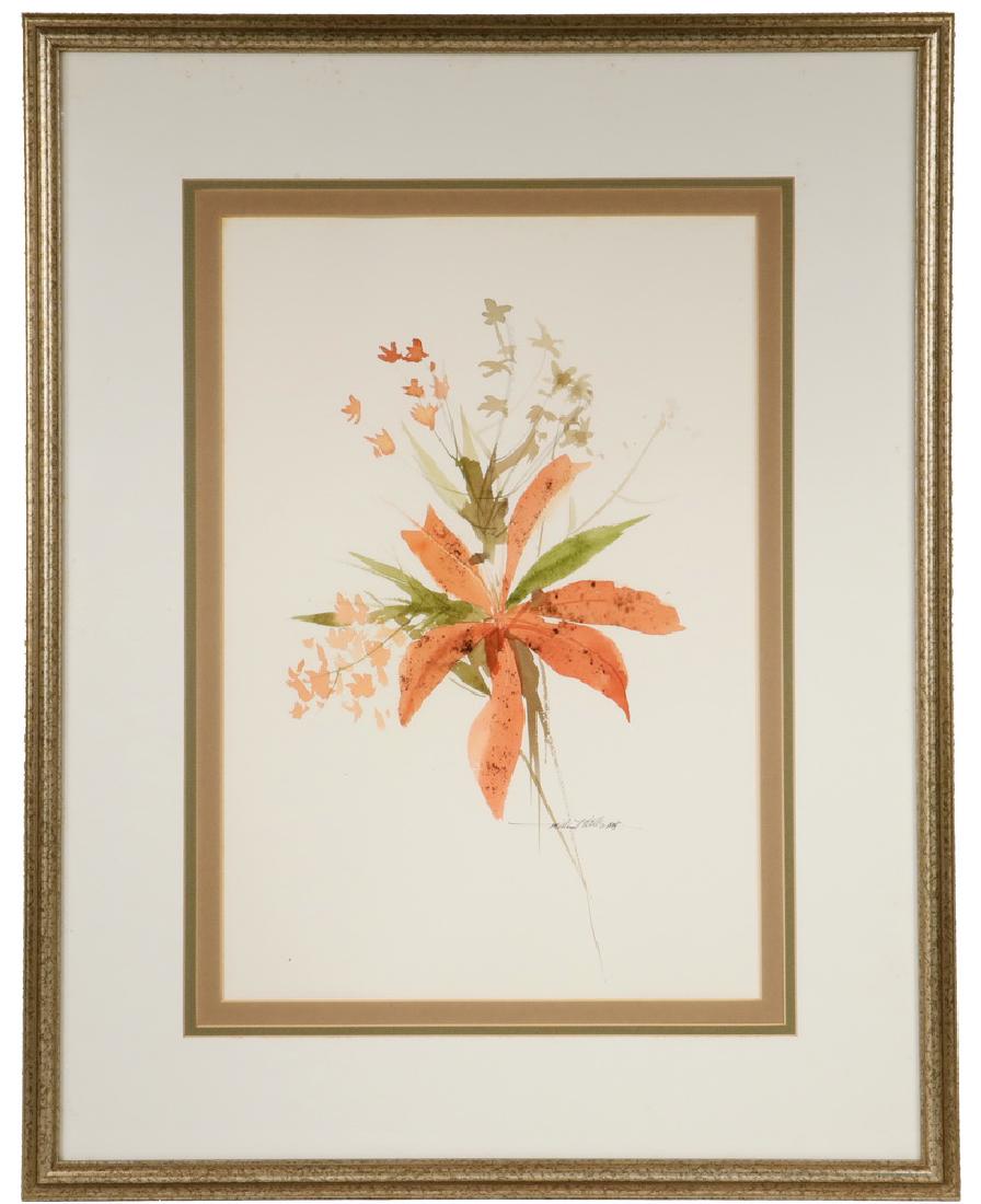 MILLARD WELLS (FL, 1921-2012): Tiger Lilies, watercolor on paper, signed lower right, in mottled silver molded frame, matted and glazed, OS: 28 1/2" x 22 1/2", SS: 19" x 13". Good condition.