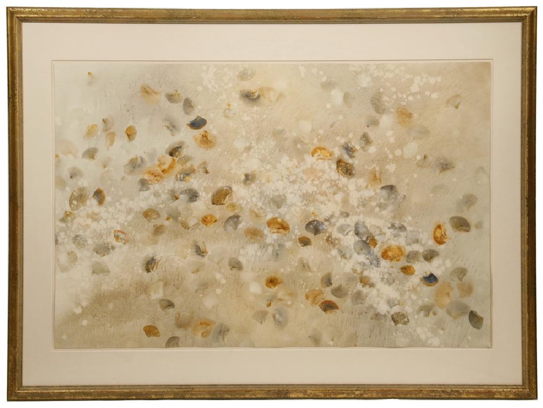LEE ELYSE CROUSE WEISS (CA/OH, 1928 - ): Abstract, Flowering Field, mixed media on paper, signed lower left and dated 1970, in molded gold frame, floated within linen mat, under plexiglas, OS: 35 1/2" x 48", SS: 26" x 39 3/4". Fine condition
