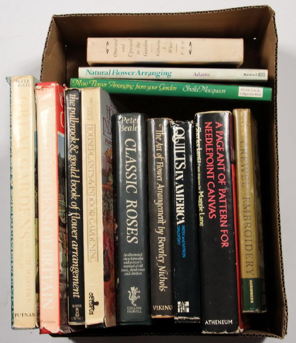 (12) BOOKS ON GARDENING, FLOWERS AND TEXTILES: Incuding: "Great Gardens of Britain" by Peter Coats, GP Putnam's Sons, NY, 1967; "Great Gardens of the Western World" ibid, 1963; "The Pullbrook and Gould Book of Flower Arrangement", publ. Barrie and