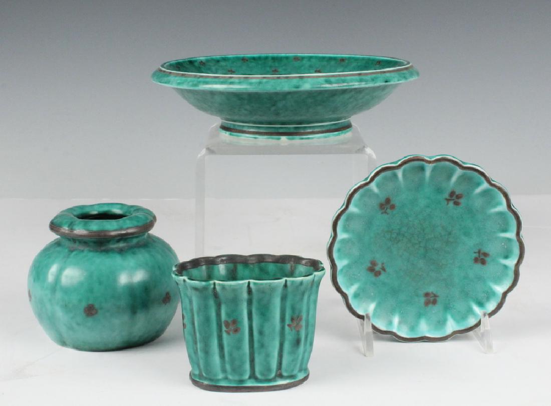 (4 PCS) WILHELM KAGE ARGENTA ART POTTERY: Collection of (4) Pieces of Argenta Gustavsburg Sweden Mid 20th c. Art Pottery, hand thrown pieces with green glaze and silver overlay decoration, designed by Wilhelm Kage, including: Bowl, 2" high, 7