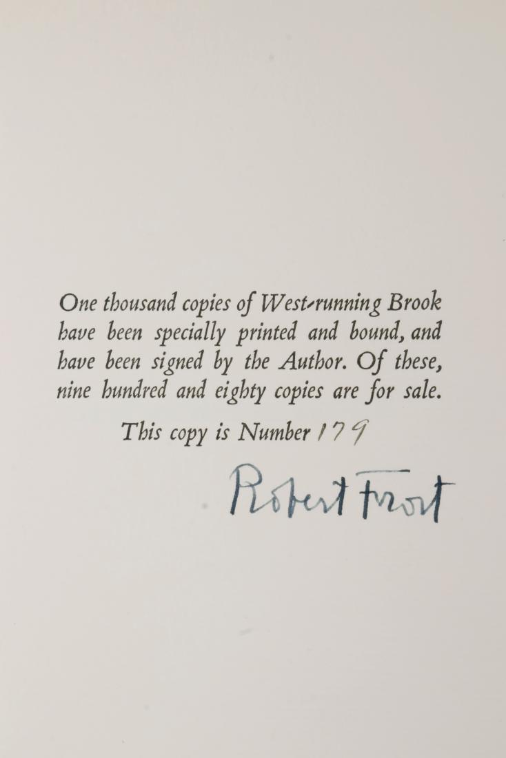 (2) ED. "WEST-RUNNING BROOK " BY ROBERT FROST, SIGNED: Henry Holt and Company, New York, 1928, Cloth-backed boards decorated with a pattern of maple leaves. Illustrated with a frontispiece and three woodcuts by J. J. Lankes with tissue guards, each plate