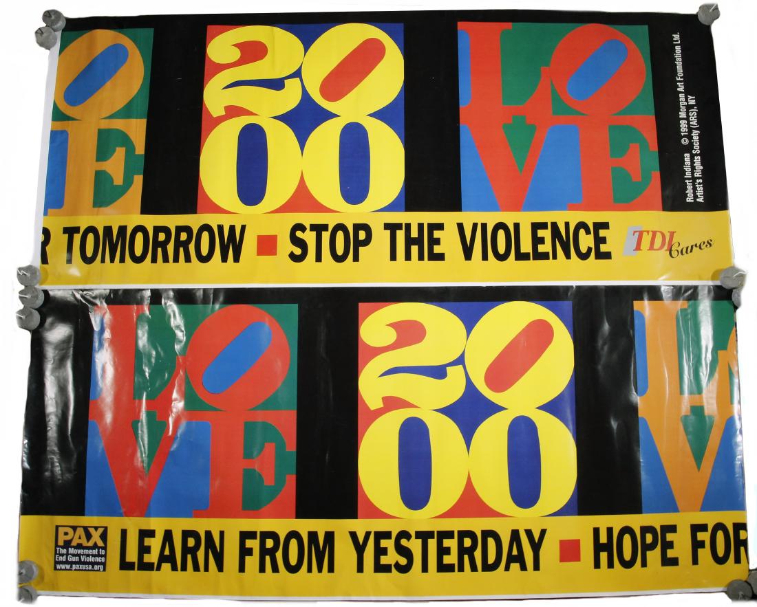 ROBERT INDIANA (ME, 1928-2018): "LOVE 2000", commercially printed on self-adhesive vinyl for exterior public display, mostly on buses. Copyright by the Morgan Arts Foundation, Ltd. & Artists Rights Society (ARS), NY. Two 30" x 70" p
