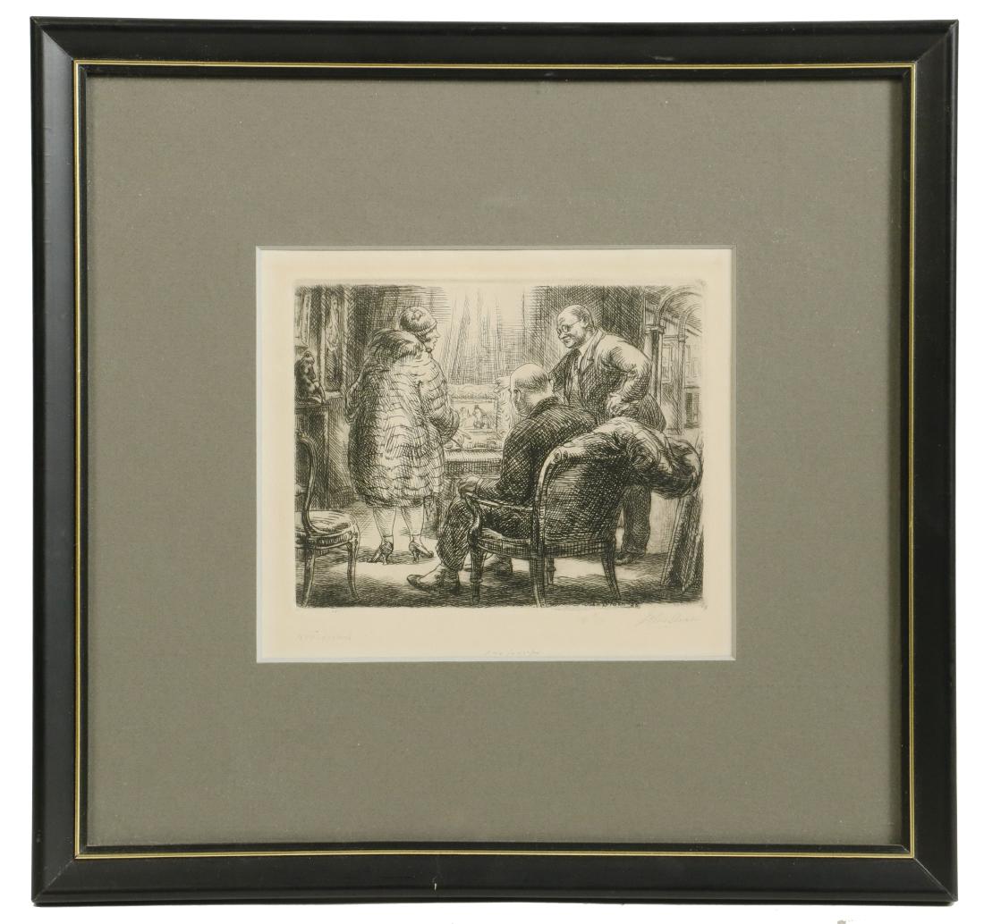 JOHN FRENCH SLOAN (NY/NM/NH, 1871-1951): "The Art Dealer", etching on paper, signed, titled and marked 100 proofs in lower margin, in black stick frame, matted and glazed, OS: 10 1/2" x 11", impression: 4" x 5". Fine condition.
