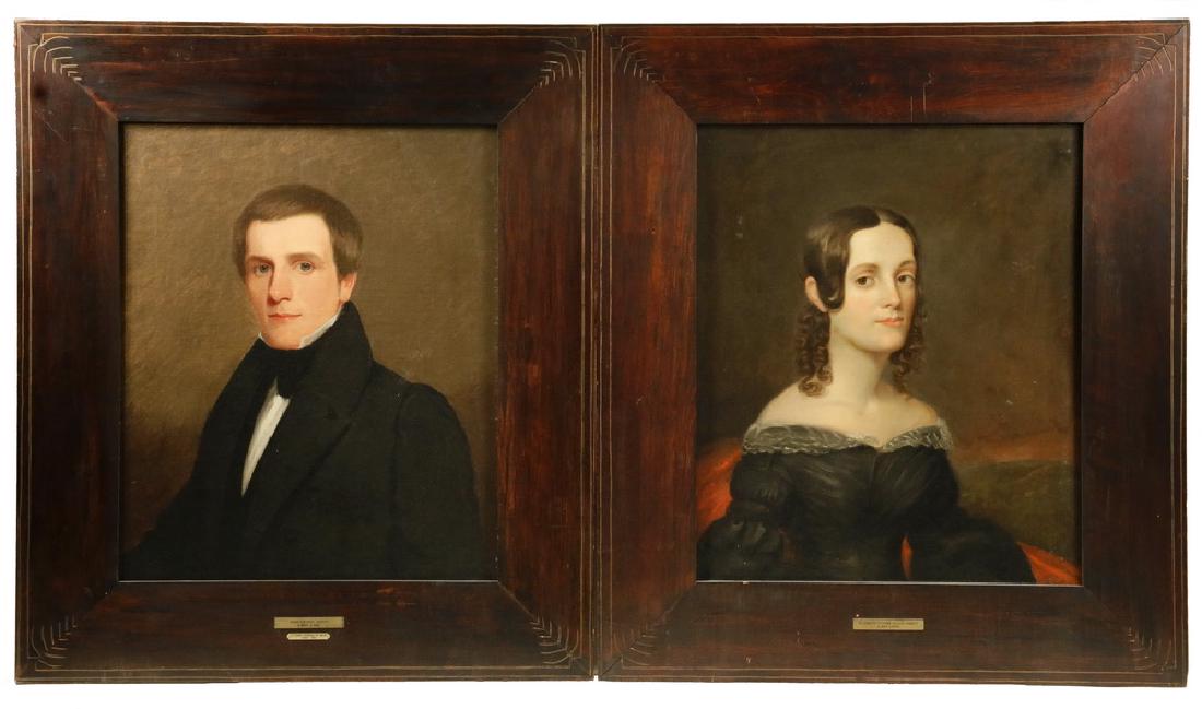 ALBERT GALLATIN HOIT (MA/NH, 1809-1856): A Pair of Portraits of John Stevens Abbott (1807-1881, Attorney General of the State of Maine, 1844-45) and his wife Elizabeth Titcomb (Allen) Abbott (1814-1858). In custom dark-stained maple panel fr