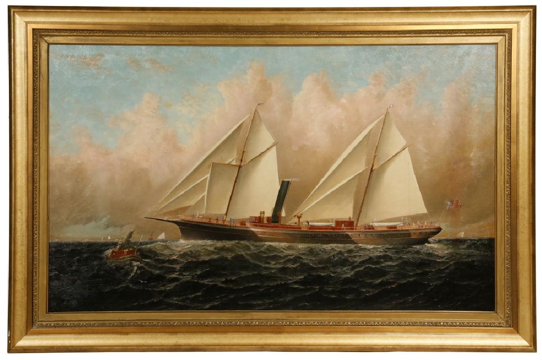 ELISHA TAYLOR BAKER (NY/CT, 1827-1890): Port Side Ship's Portrait of an Unidentified American Sail/Steam Ship Underway, with tug lower left and many pleasure craft in the distance, a bank of clouds gathering above the sails, oil on canvas,