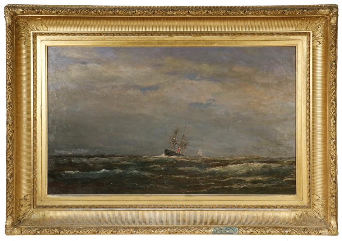 SAMUEL GREEN WHEELER BENJAMIN (DC/VT, 1837-1914): "A Head Sea", oil on canvas, signed lower left, signed, dated 1877 and titled verso, depicting a distant steam/sail ship powering through a rough sea, 'Frost and Adams, No 33 & 35 Cornhill, Boston' pr