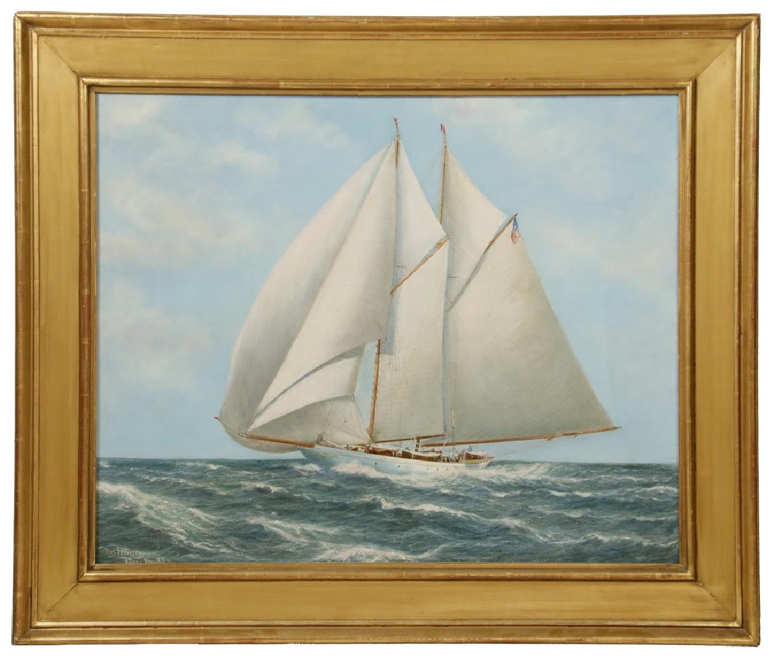THOMAS FERRIER PETERSEN (CT/NORWAY 1861-1926): A White-Hulled Fore and Aft Schooner with Spinnaker, signed lower left, marked 'Noank, Conn.' and dated 1916. Housed in a large molded gilt panel frame, OS: 37 1/2" x 44 1/2", SS: 28" x 35". Cleaned a