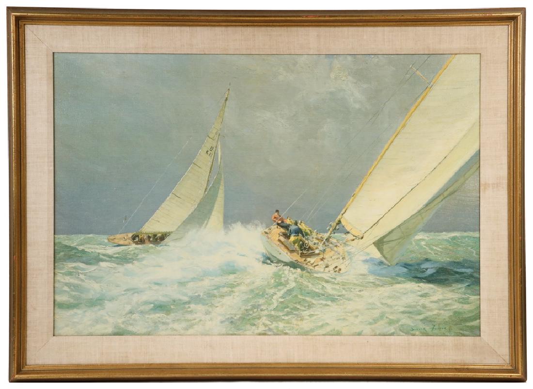 DERYK ARTHUR FOSTER (UK, 1924-2012): Two Twelve-Meter Sail Boats Racing, oil on canvas, signed lower right and dated '63, in gold molded frame with linen liner, OS: 26" x 35", SS: 19 1/2" x 29 1/2". Good condition.