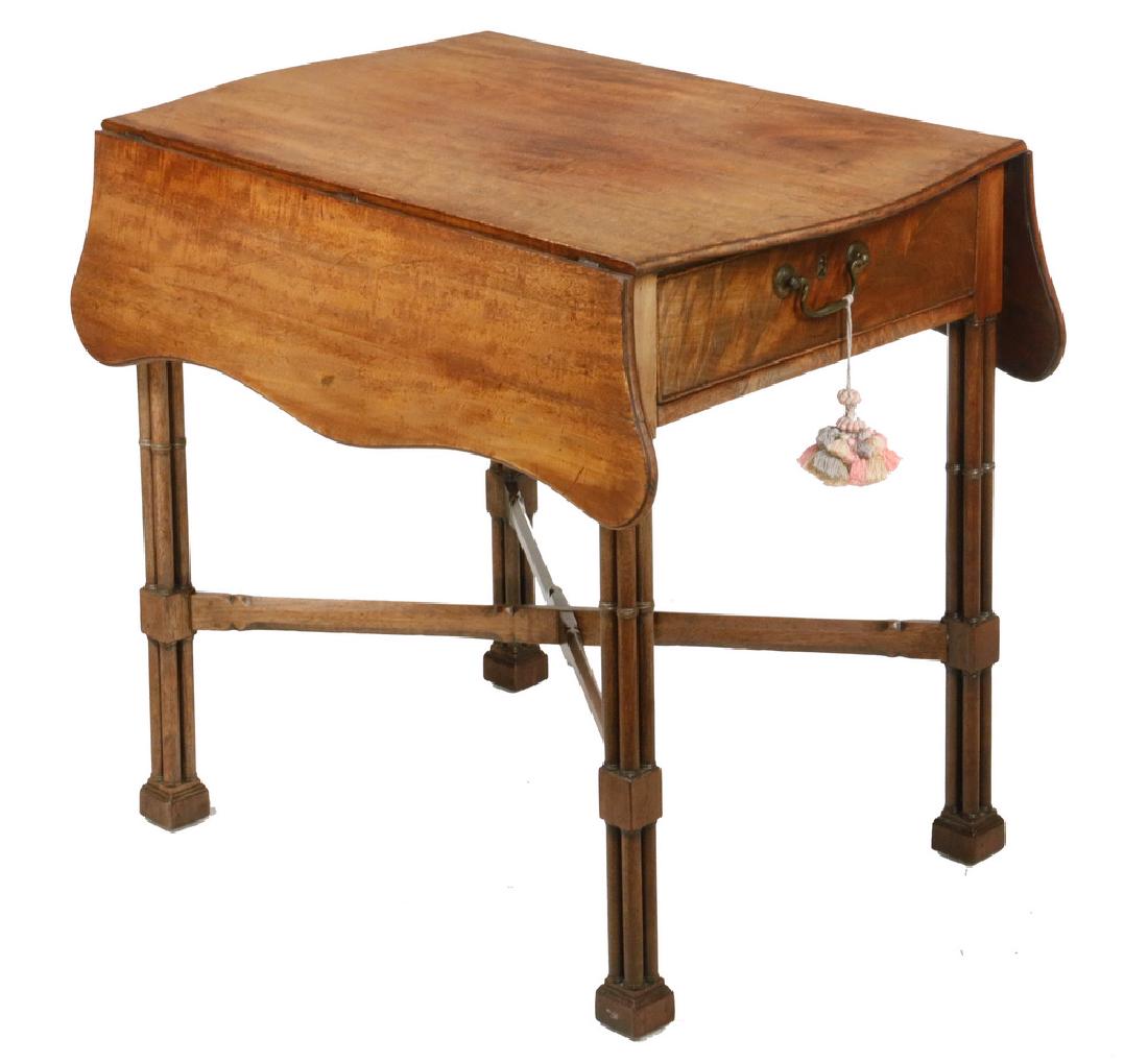 PERIOD CHIPPENDALE BREAKFAST TABLE: 18th c. English Mahogany Drop Leaf Table with shaped and molded overhanging top and leaves, beaded edge flame veneered drawer at each end retaining original brass post and bails, lock with key, raised