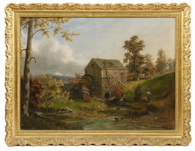 WILLIAM SANFORD MASON (PA/RI, 1824-1864): "The Old Grist Mill", oil on canvas, signed lower right and dated 1854, depicting a boy with fishing pole approaching the mill pond, in gilt gesso cove frame, OS: 27" x 35", SS: 21 1/2" x 29 1/2". Fin