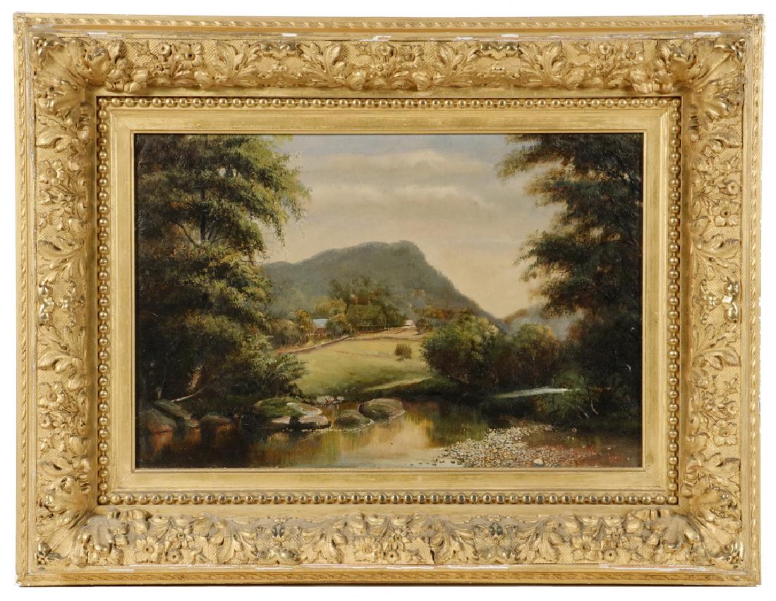 WILLIAM F. CLERK (NY, LATE 19TH C.): Mountain Farm Viewed from River, oil on canvas, signed lower right and dated 1884, in the original ornate gilt gesso frame with label from H.Q. Smith of Boston, OS: 19 3/4" x 25 3/4", SS: 11 1/2" x 17
