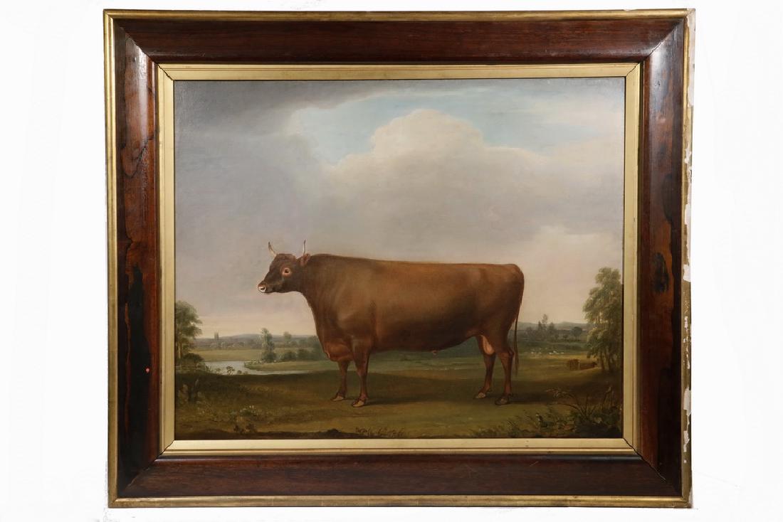 THOMAS WEAVER (UK, 1774-1843): A Prized Bull in a Pastoral Landscape, oil on canvas, signed lower left and dated 1810, in a mahogany ogee frame with gold painted molded edge, OS: 32" x 38", SS: 23 1/4" x 29 1/4". Cleaned, relined, 