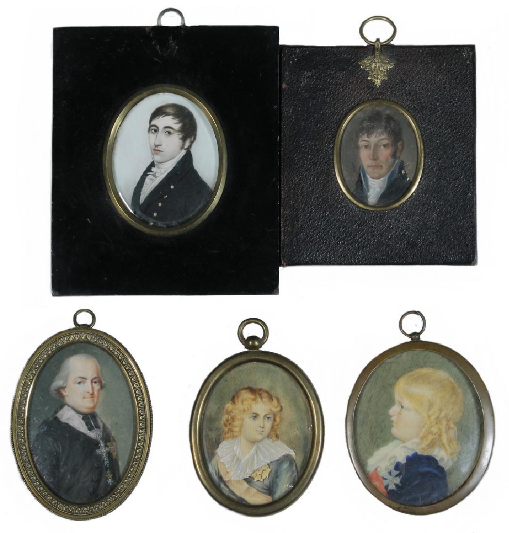 (5) MINIATURE PORTRAITS OF MEN & BOYS: All but one 18th c., including: Portrait of a Young Irish Gentleman, circa 1790, oil, unsigned, marked verso as a 1958 Dublin purchase, in mahogany panel frame with oval brass bezel, domed glass, OS: 