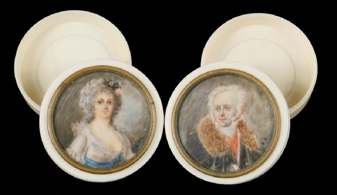 PAIR OF CONTINENTAL BOXES WITH MINIATURE PORTRAIT: Late 18th c. Round Patille Boxes with miniature oil portraits under domed glass with brass rim, depicting an aristocratic woman and elderly man, possibly French or Russian; he is depicted in fur colla