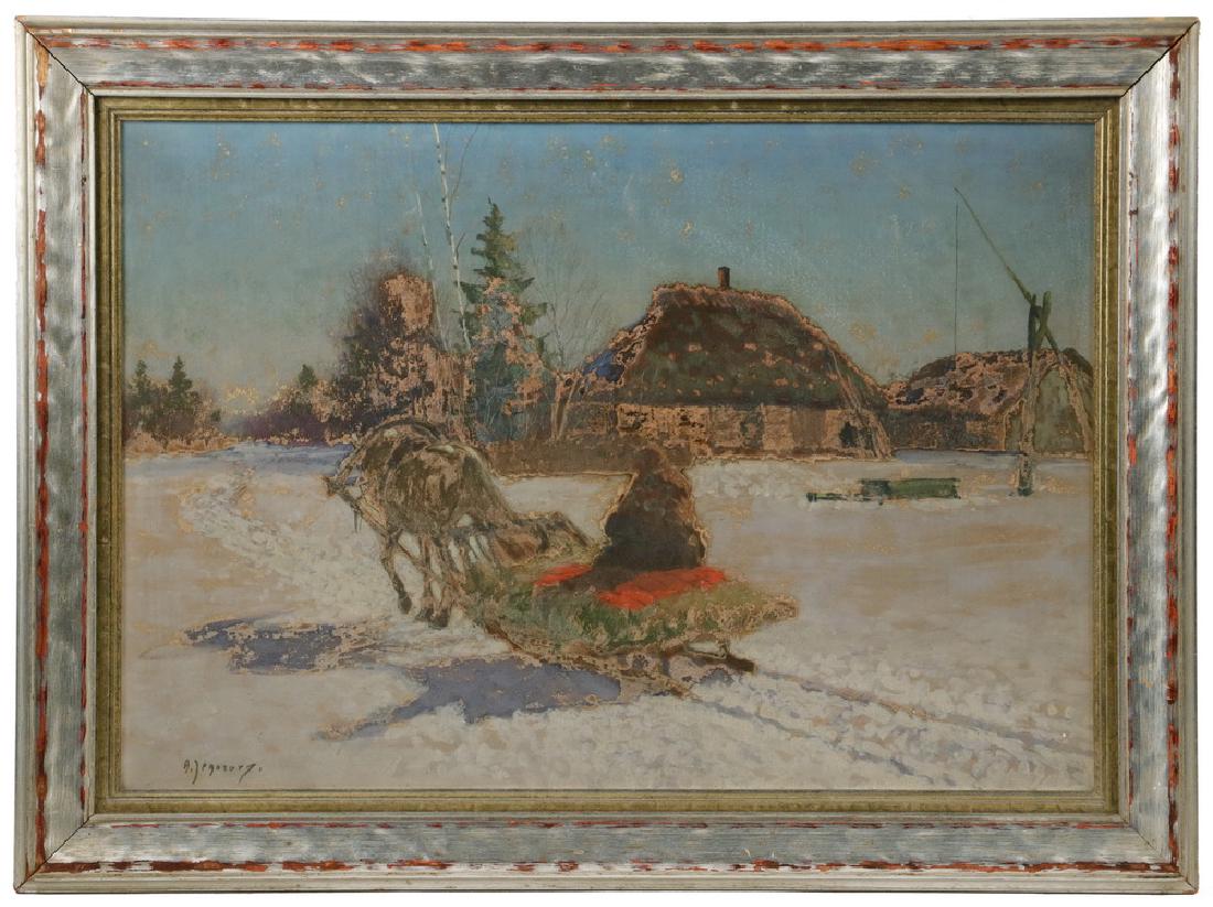 ANDRE AFANASIEVICH EGOROV (RUSSIA, 1878-1954): One Horse Sledge Approaching a Winter Farm, gouache on cardstock, signed lower left, in silver leaf frame with gilt liner, glazed, OS: 17" x 23", SS: 13 1/4" x 19 1/4". Fine condition.
