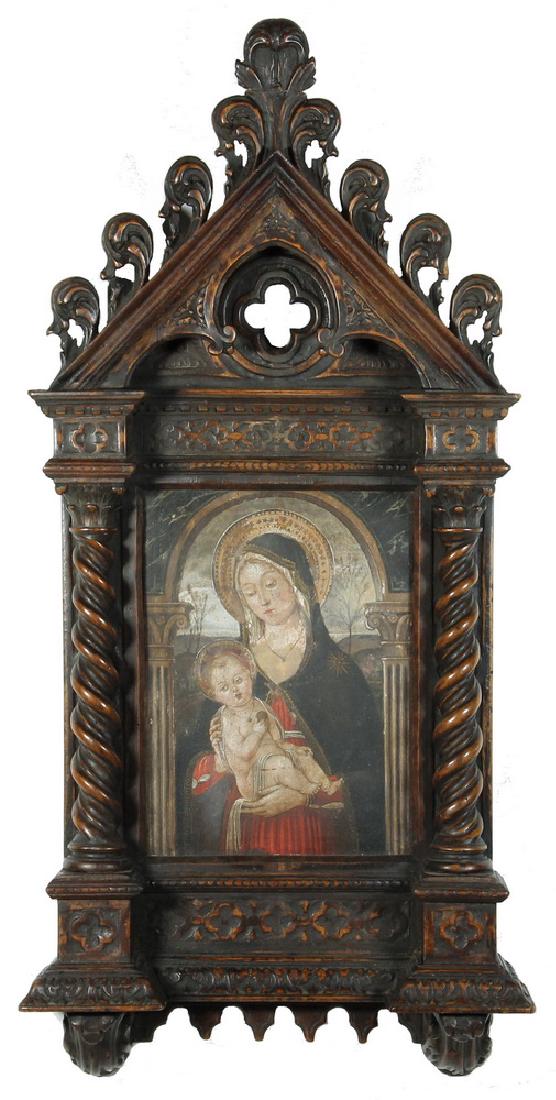 EARLY RENAISSANCE TABERNACLE: Ornate 15th c. Italian Madonna and Child, egg tempera on hewn ash panel, housed in an ornate 18th c. mahogany Gothic architectural tabernacle, 28" x 13 1/2" x 3 1/2" overall, SS: 9 1/2" x 7". Some los