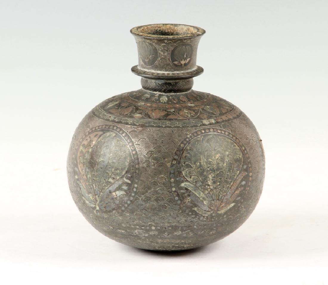 MUGHAL BIDRIWARE HUQQA BASE: 17th c. Bidriware Huqqa Base, crafted of a zinc and copper alloy inlaid with silver in foliate and geometric motifs, technique was created in Bidar, India in the 14th c., base has a rounded bottom and