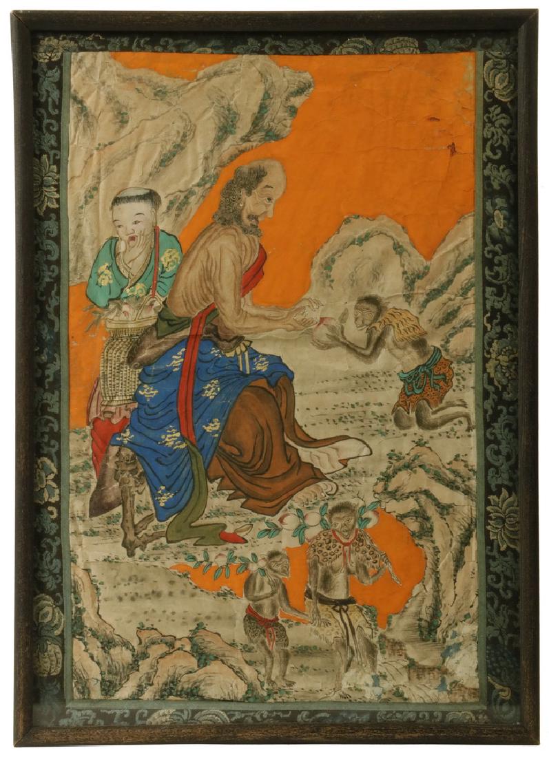 17TH C. CHINESE NARRATIVE PAINTING: Early Qing Portrait of the Mon Xuanzang being offered sustenance in the wilderness by three monkeys, while his servant sneaks a peach from a basketful while standing behind him, ink and gouache on ric