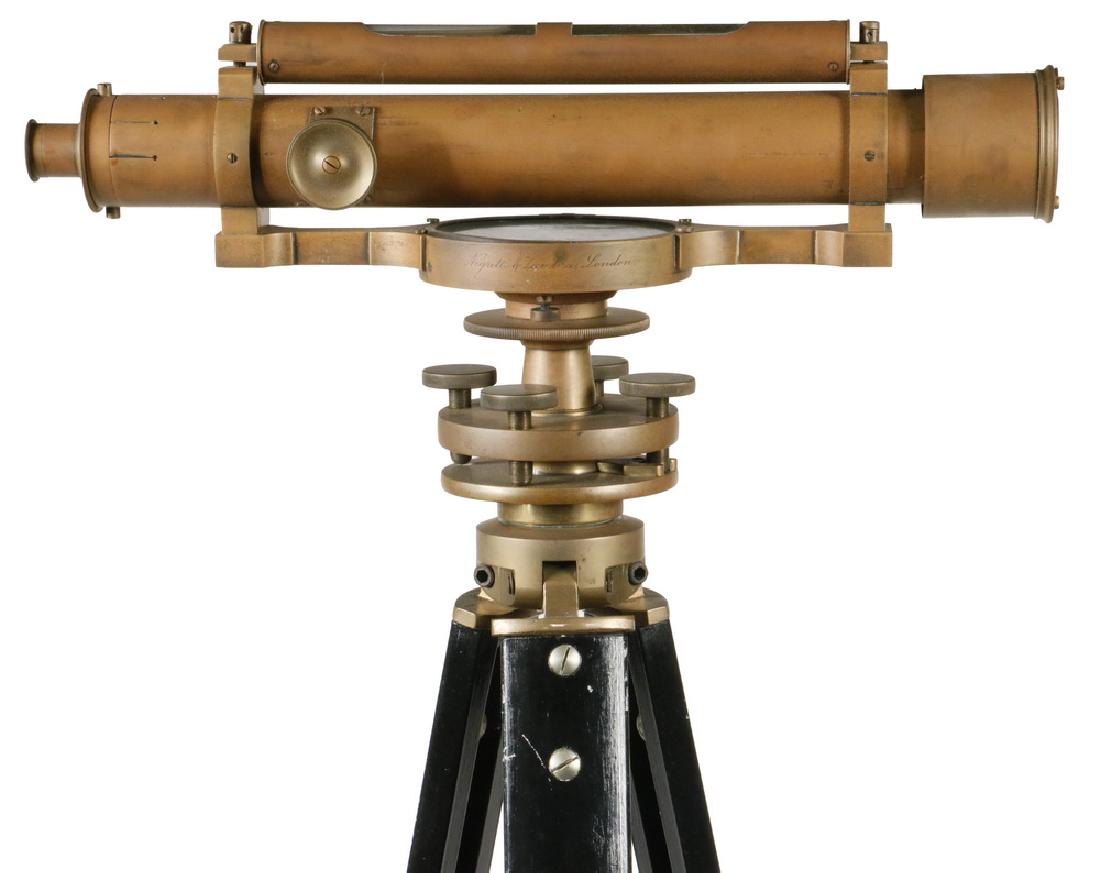 NEGRETTI & ZAMBRA SURVEYOR'S LEVEL WITH CASE & (3): Circa 1880 Brass Surveyor's Four-Screw Level by Negretti & Zambra of London, having external focusing, bubble level and compass, reticule notched for field replacement of cross hairs, screw mount, in 