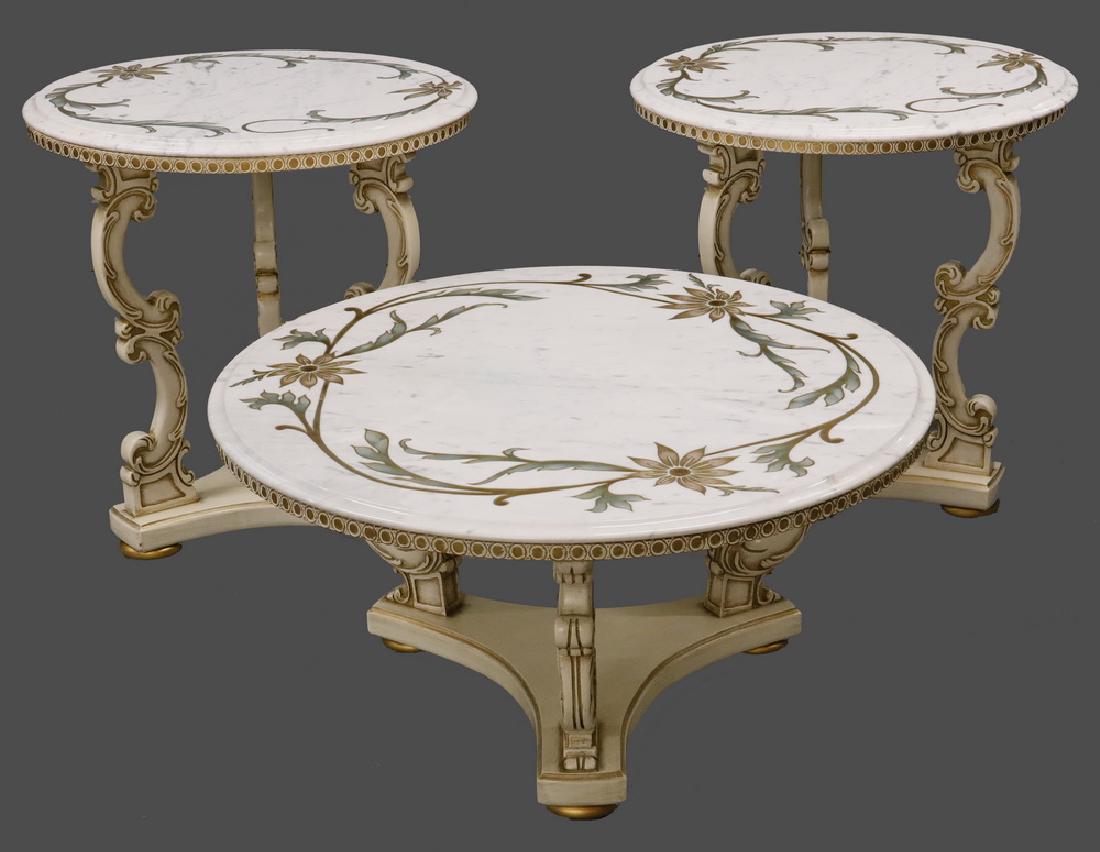 (3 PC) FRENCH PROVINCIAL STYLE ROUND MARBLE TOP TABLE